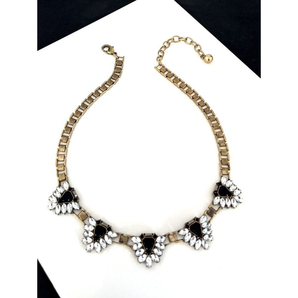 New Antique Gold Tone Statement Necklace Black Clear Faceted Stones - 3M